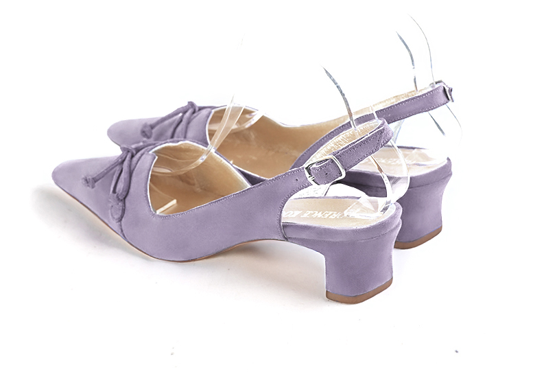Lilac purple women's open back shoes, with a knot. Tapered toe. Low kitten heels. Rear view - Florence KOOIJMAN
